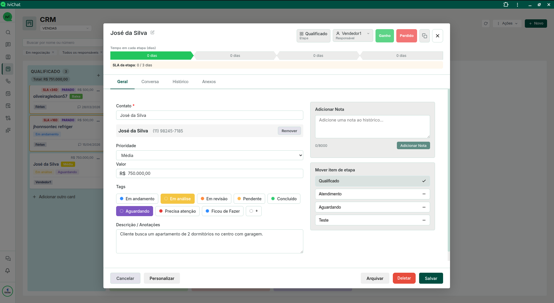 Dashboard do IviChat CRM